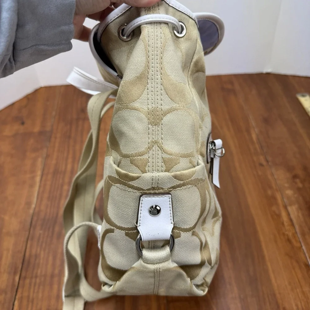 Coach Tan Canvas Backpack with Leather White Trim- Kyra Daisy Signature